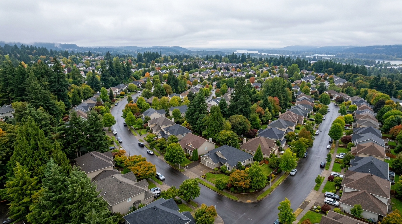 Pacific Northwest neighborhood with well-maintained roofs and lush green trees
