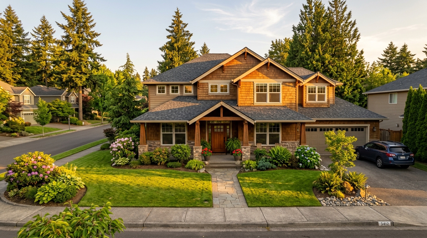 Welcoming Pacific Northwest home with a new roof at golden hour