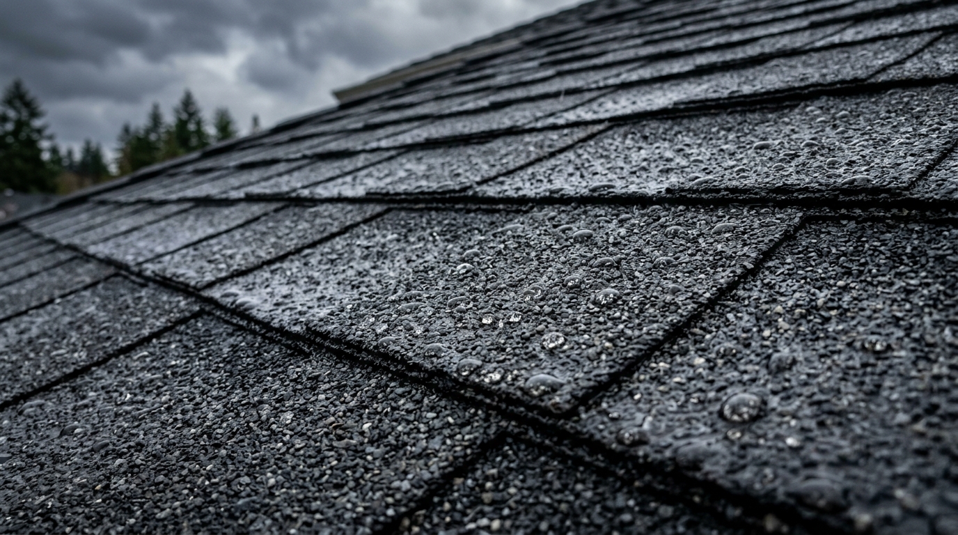 Close-up of premium architectural shingles with raindrops