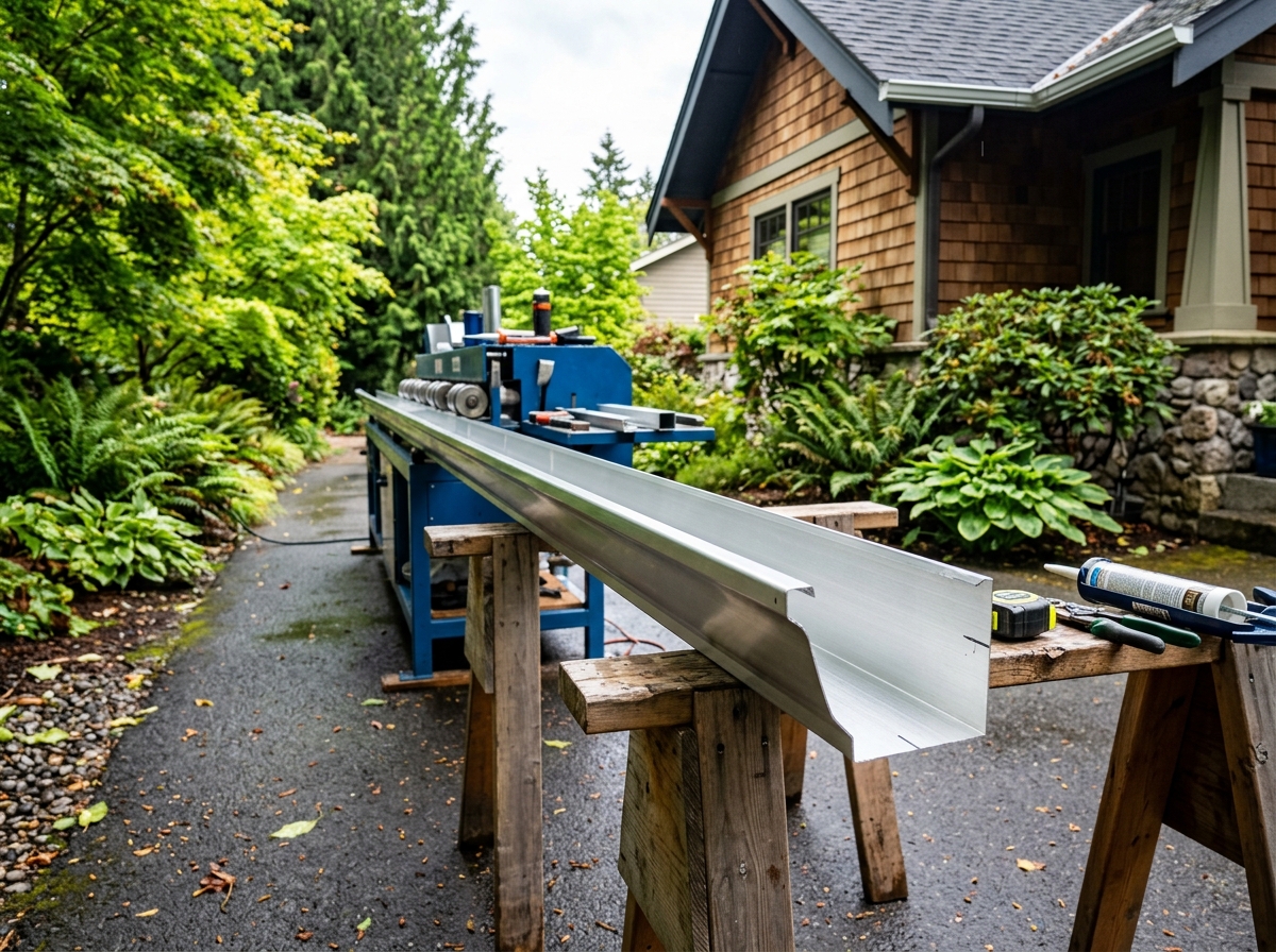Close-up of seamless gutter fabrication and installation