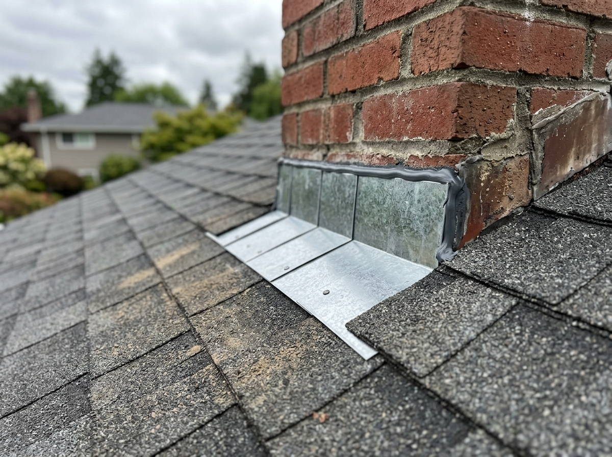 Close-up of professional roof flashing and shingle repair work