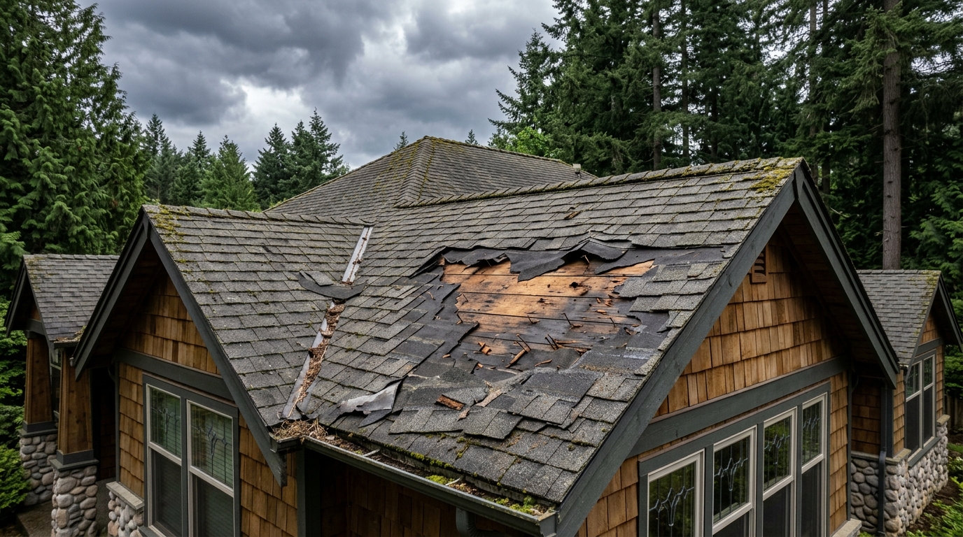 Damaged roof with missing shingles on a Pacific Northwest home under overcast sky