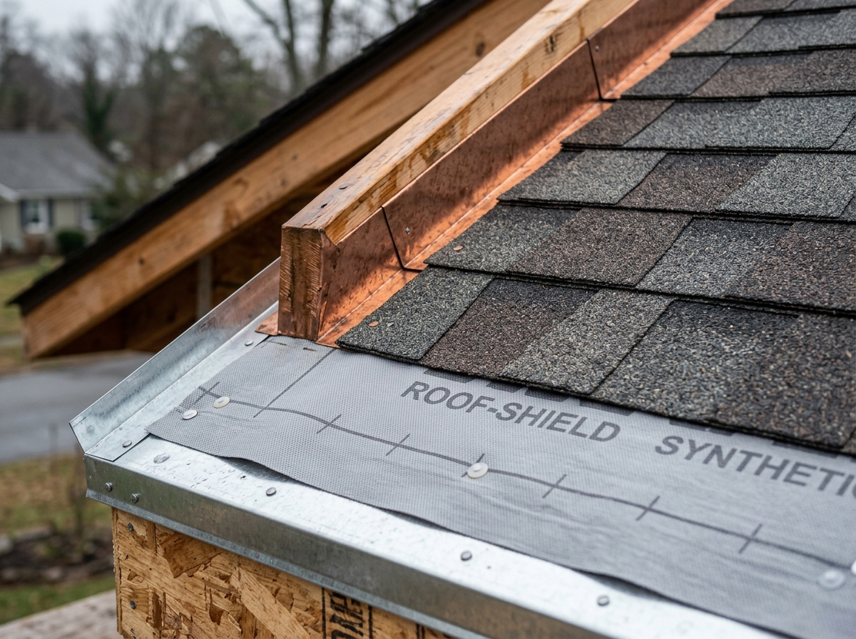 Close-up of premium Malarkey roofing shingles and flashing details