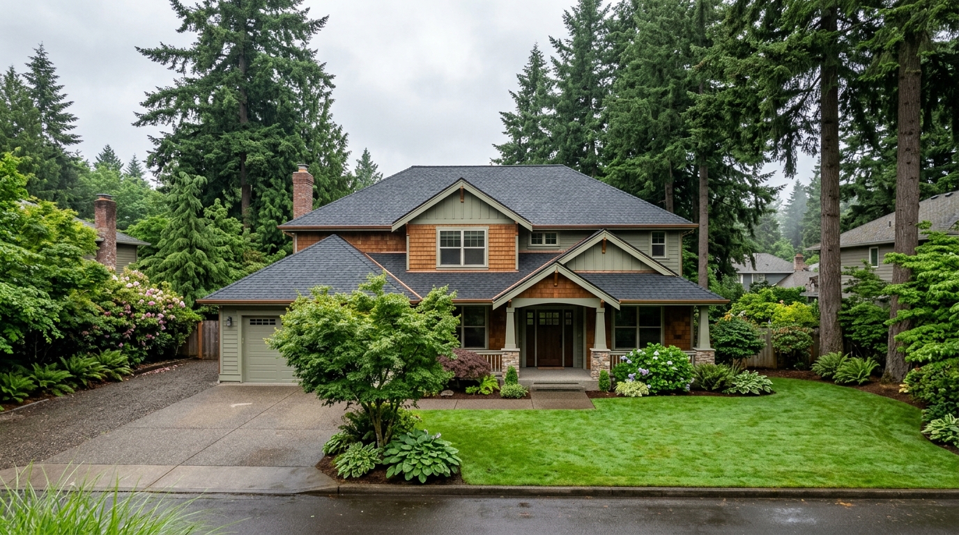 Beautiful new roof with premium Malarkey architectural shingles on a Pacific Northwest home